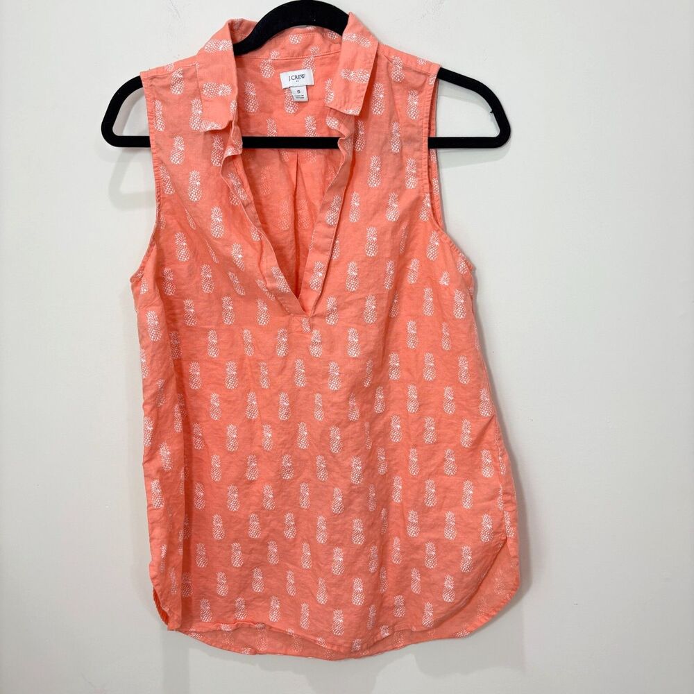 J Crew Orange Pineapple Linen Top Women S Sleeveless Henley Beachy Preppy Tropic